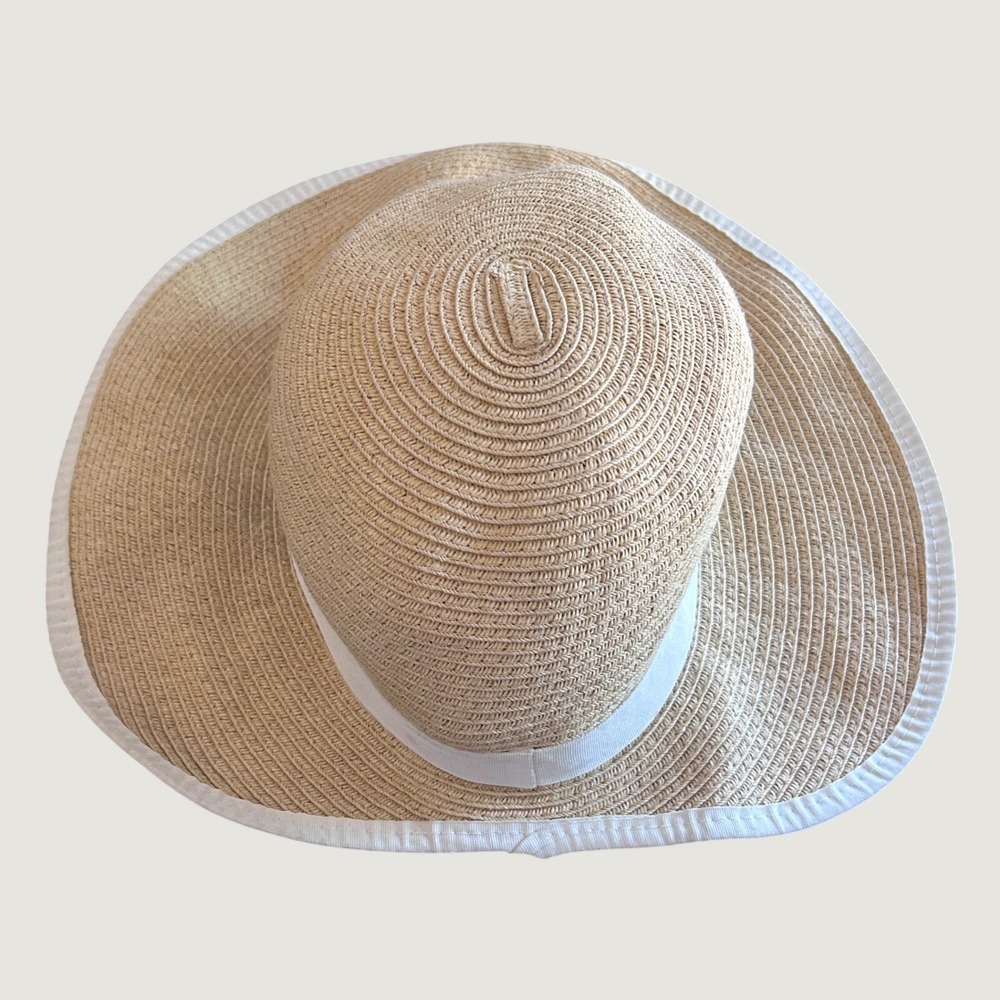 Panama Jack Wide Brim Floppy Hat Straw One Size Tan White Coastal Beach Core - Picture 2 of 6